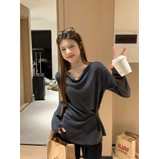 批发乌77设计感法式荡领斜扣针织衫女冬季收腰显瘦内搭打底长袖上衣新