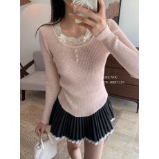 批发温柔蕾丝拼接长袖针织衫女装秋冬新款毛衣气质修身显瘦长袖上衣潮