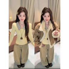 批发甜美风拼接条纹翻领麻花针织衫女装秋冬<b class='q'>修身</b>显瘦内搭打底衫短上衣