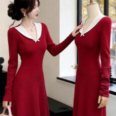 批发新年战袍跨年穿搭高级感收腰显瘦气质内搭<b class='q'>红色</b>针织<b class='q'>连衣裙</b>女秋冬季