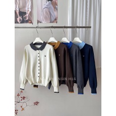 批发日韩系拼色扣翻领爱心刺绣针织开衫女秋冬洋气内<b class='q'>百搭</b>叠穿毛衣外套