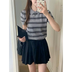 批发<b class='q'>韩版</b>学院风洋气简约显瘦短袖翻领撞色条纹冰丝针织衫T恤上衣女夏