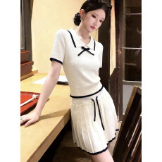 批发2026春季新款学院风蝴蝶结装饰翻领撞色针织衫百褶半身裙两件套女