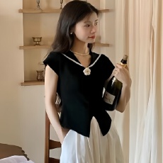 批发不出错 coco小姐～千金小香风海军领花朵冰丝短袖上衣夏No errors