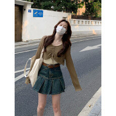 批发美式复古防晒罩衫内搭挂脖<b class='q'>背心</b>上衣两件套春秋纯欲短款抽绳长袖潮