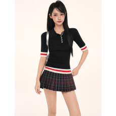 批发2026新款美式复古撞色条纹针织衫双袖彩杠polo衫短袖上衣女