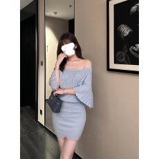 批发法式纯欲一字肩针织连衣裙女秋季高级感气质小个子收腰显瘦包臀裙