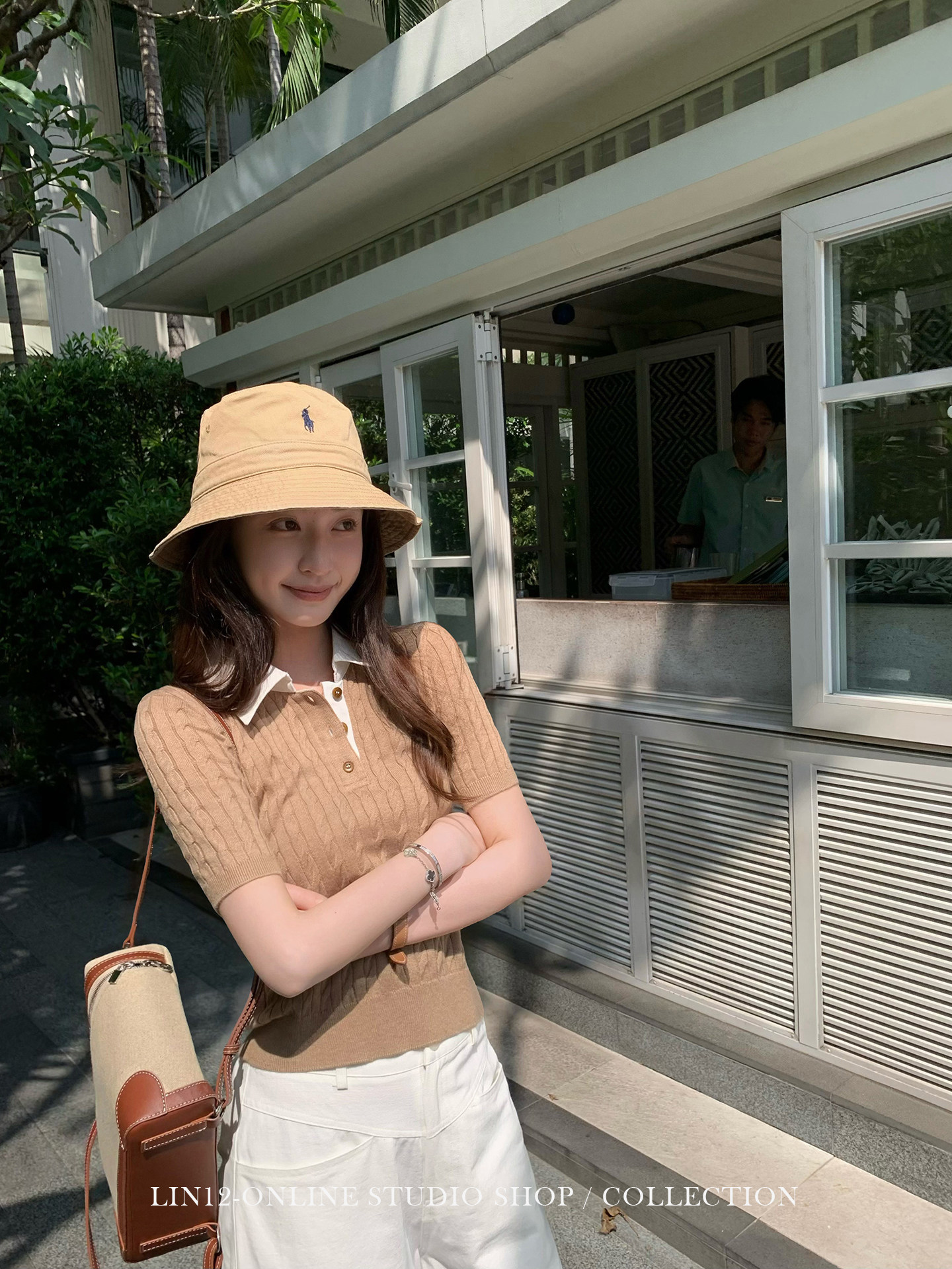 lin12-ivy style 레트로 POLO 칼라 꽈배기 반팔 양모 니트 스웨터 오래된 돈 긍정적 인 어깨 몸매 가꾸기 맨위