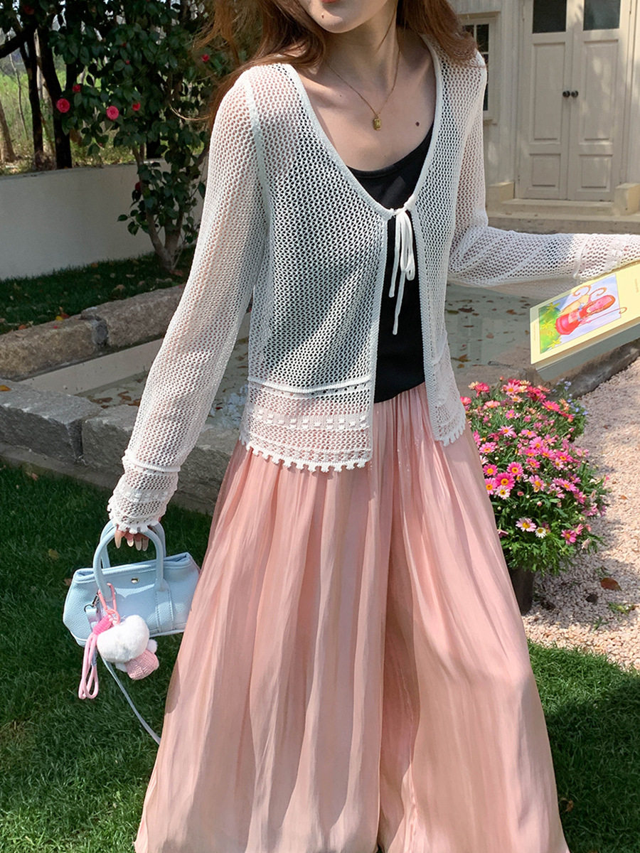 사탕 색상 메쉬 얼음 실크 니트 오픈 가디건 여성 여름 얇은 스타일 레이스업 자외선 차단 의류 홀로우 아웃 메시 그리드 쇼트 스타일 에어컨 셔츠