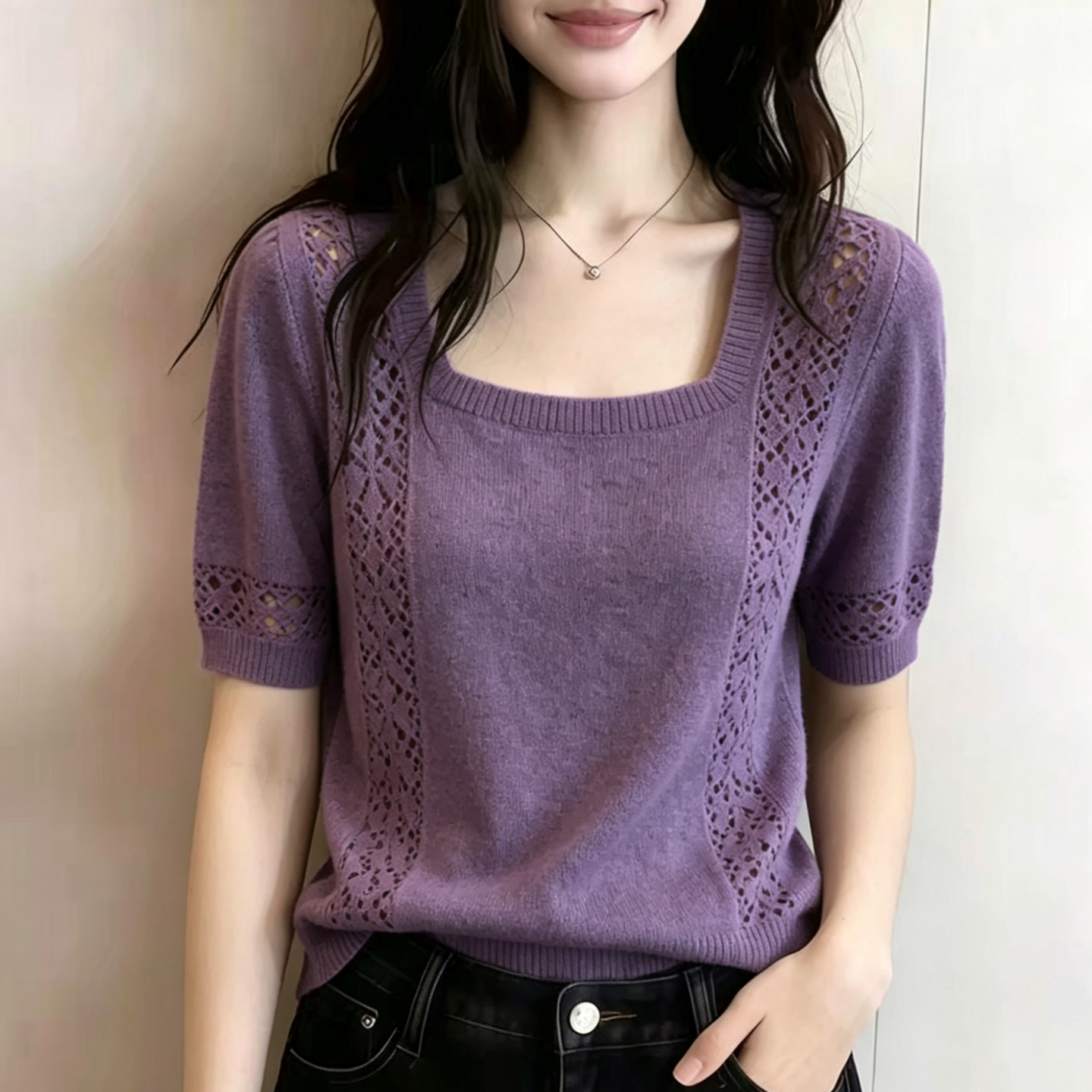느긋한 바람 보라색 광장 칼라 홀로우 아웃 반팔 니트 스웨터 여성 의류 여름 새로운 얇은 스타일 루즈핏 슬림해 보이는 다용도 맨위