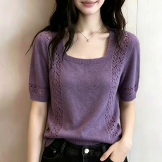 批发慵懒风紫色方领镂空短袖针织衫<b class='q'>女装</b>夏季新款薄款宽松显瘦百搭上衣