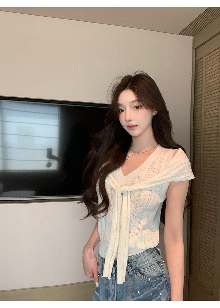 치우 고기 야오 봄날 crush 캐주얼 바람 포함 양모 V넥 니트 조끼 숄 두 조각 여성 세트 여름