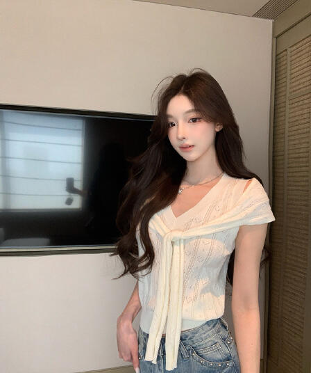 치우 고기 야오 봄날 crush 캐주얼 바람 포함 양모 V넥 니트 조끼 숄 두 조각 여성 세트 여름