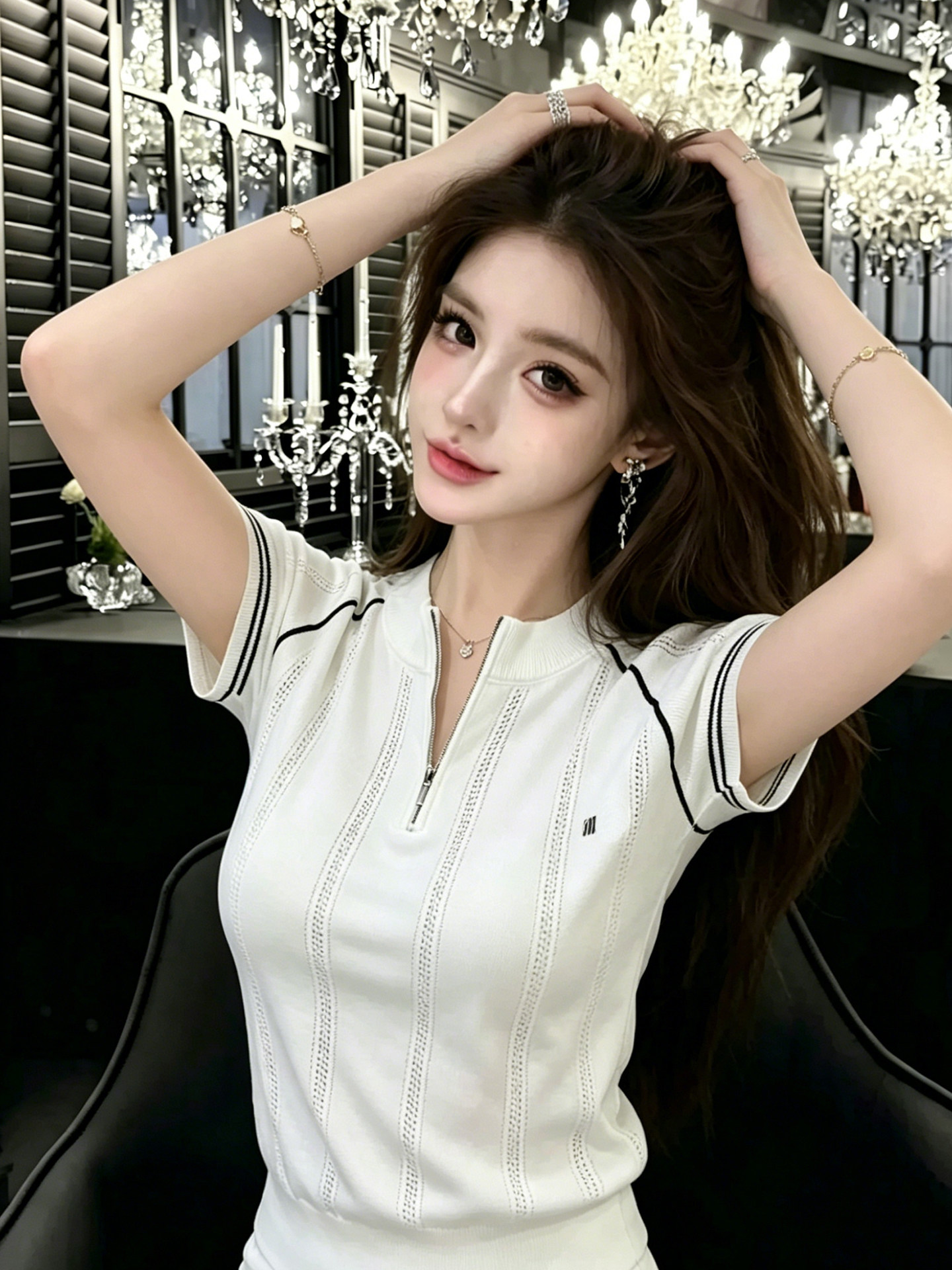 lym studio 레트로 니트 반팔 티셔츠 여성 2026 한국 스타일 여름 몸매 가꾸기 슬림해 보이는 지퍼 배색 맨위