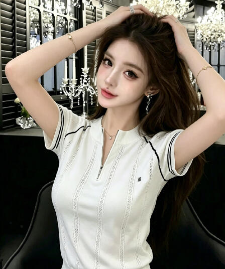 lym studio 레트로 니트 반팔 티셔츠 여성 2026 한국 스타일 여름 몸매 가꾸기 슬림해 보이는 지퍼 배색 맨위