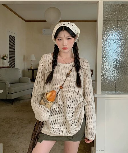 캐주얼 느긋한 바람 루즈핏 다용도 홀로우 아웃 니트 블라우스 태양 보호 셔츠 레트로 달콤한 매운맛 외부 가져 가라. 티셔츠 맨위 여성 트렌디