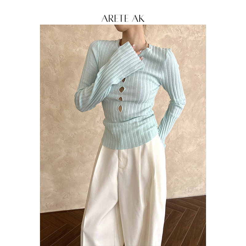 arete ak 도파민 홀로우 아웃 디자인 센스 양모 기본 셔츠 이른 가을 박하 녹색 몸매 가꾸기 니트 스웨터 여자
