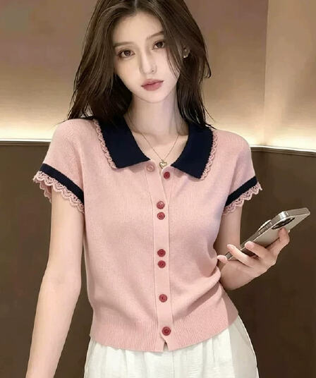 레트로 빛 요리 한 바람 핑크색 POLO 칼라 반팔 오픈 가디건 여성 여름 새로운 고유 한 아름다운 연령 감소 슬림해 보이는 얇은 맨위