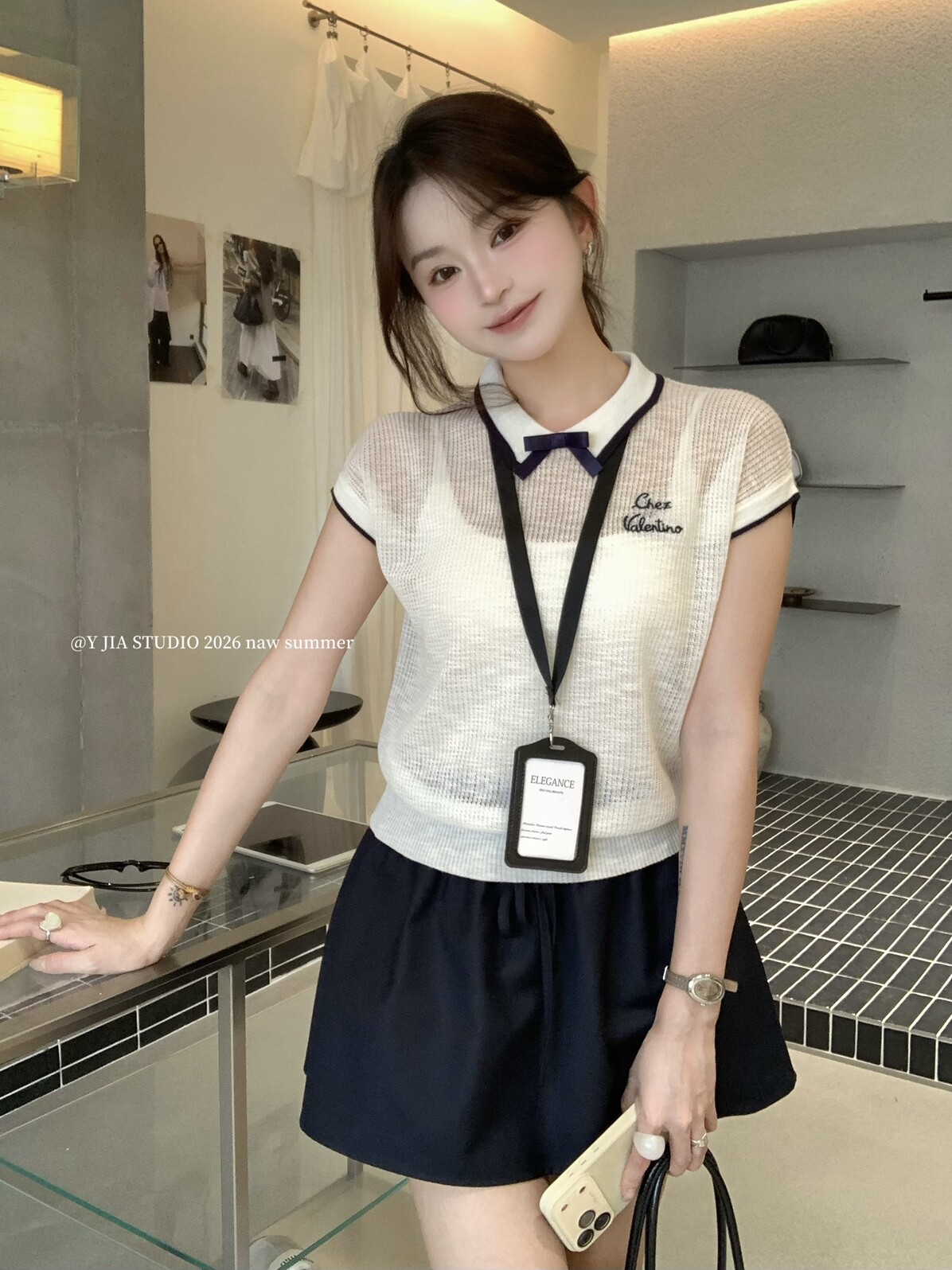 열세 개 y.jia 이순신 지아 여름 배색 나비 매듭 POLO 칼라 학원 스타일 연령 감소 니트 스웨터 맨위 여성