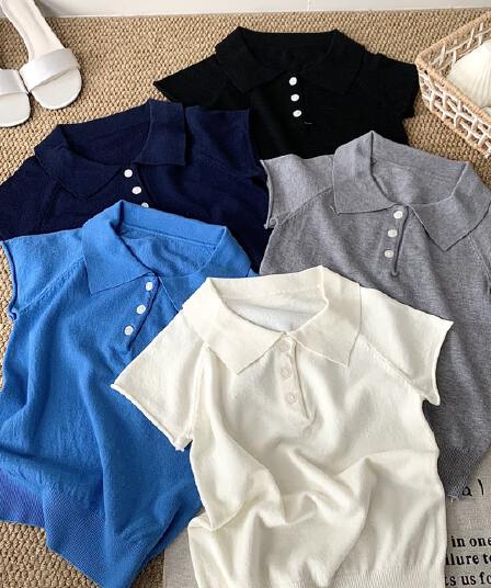레트로 단추 POLO 칼라 니트 반팔 여성 여름 디스플레이 화이트 톰 글 래 원인 블루 티셔츠 품격 폴로 칼라 쇼트 스타일 맨위