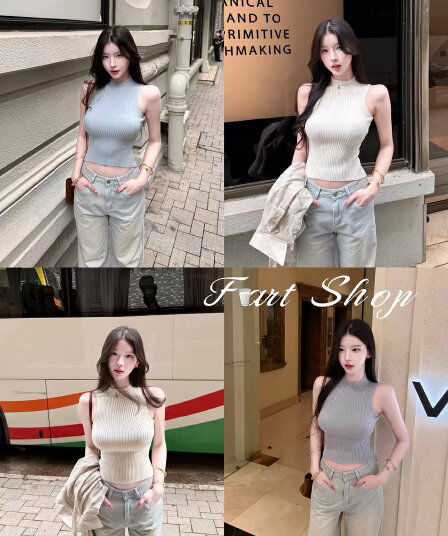 farte shop 바다 거리 일기 민소매 구덩이 기사 반하이넥 조끼 여성 여름 외출용 허리 수축 쇼트 스타일 켜기