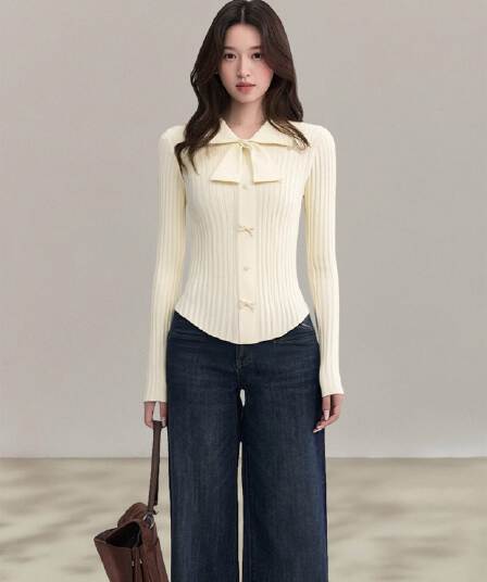 가을 겨울 나비 매듭 POLO 칼라 긴팔 맨위 전체 집합 몸매 가꾸기 여성 만나는 니트 스웨터 스웨터 인사이드 가져 가라.