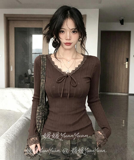 달콤한 스타일 니트 스웨터 가을 새로운 레이스 측면 패치워크 나비 매듭 디자인 다용도 몸매 가꾸기 허리 수축 맨위 nis