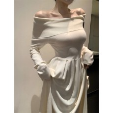 批发气质一字肩长袖白色连衣裙女春秋收腰显瘦百搭中长款裙潮