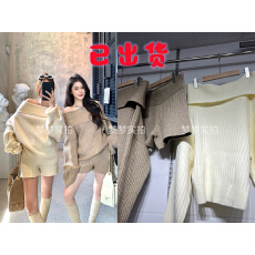 批发WITHMXBOOM灰灰家气质针织套装一字肩毛衣+宽松休闲短裤两件套女