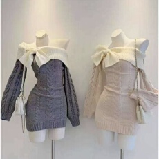 批发一字肩<b class='q'>拼色</b>复古包臀裙显瘦收腰古早感灰色毛衣裙女秋冬长袖<b class='q'>连衣裙</b>