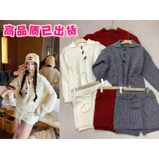 批发Wuu2sweet吴太甜 慵懒高级感麻花粗针毛衣<b class='q'>女</b>冬季包臀显瘦<b class='q'>短裤</b>套装