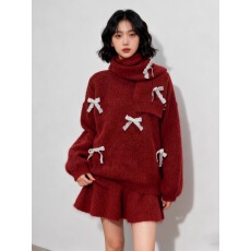 韩系一整套深冬穿搭毛衣套装女2025新款重工蝴蝶结针织短裙三件套