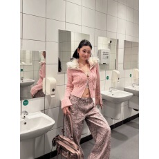 批发美式复古粉色毛领针织外套女秋季小个子短款拉链针织开衫打底上衣