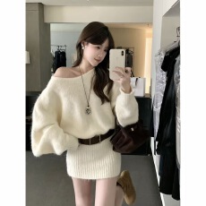 批发早秋新款法式<b class='q'>露肩</b>纯欲慵懒风毛衣<b class='q'>连衣裙</b>独特超好看显瘦收腰包臀裙