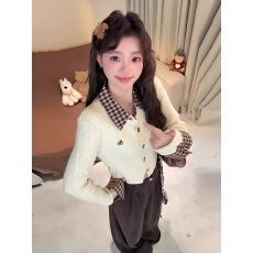 批发韩系学院风翻领麻花长袖针织开衫女<b class='q'>秋</b>冬格子拼接假两件修身上衣潮