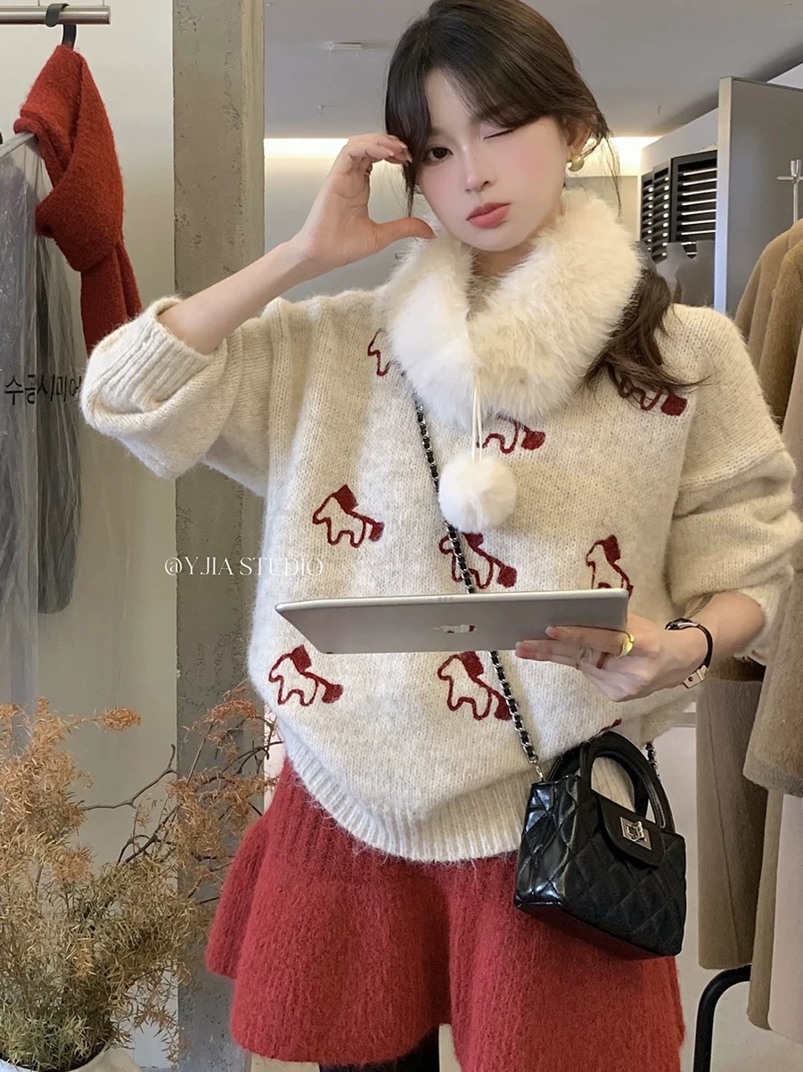 우유 씽 하는 소리 큰 모피 칼라 스카프 여성 겨울 한국 스타일 다용도 자수 작은 말 루즈핏 부드럽다 니트 스웨터