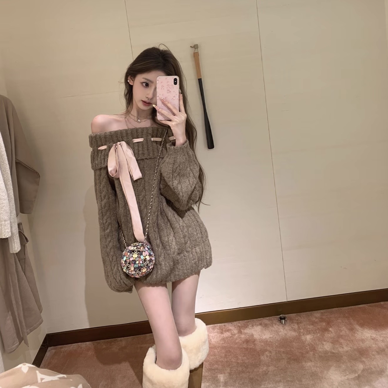 너 ~ 중 게으른 llan 화이트 연인 삼색 트위스트 꽃 스트랩 니트 스웨터 드레스