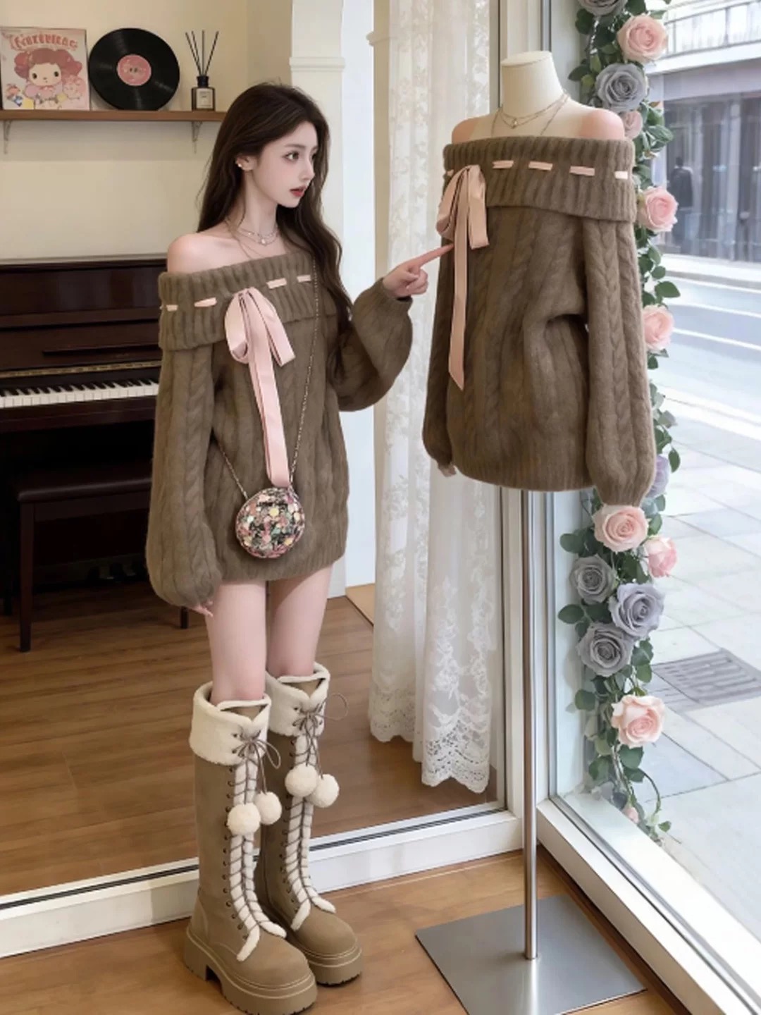 tongaabb 화이트 연인 순수한 욕망 바람 보트넥 트위스트 꽃 스트랩 디자인 센스 니트 스웨터 드레스