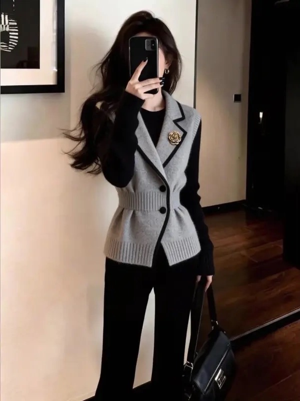 미니멀리즘 숙련 된 트렌드 패션 다용도 몸매 가꾸기 슬림해 보이는 회색 조끼 여자 2026 겨울 허리 수축 V넥 스웨터 오픈 가디건