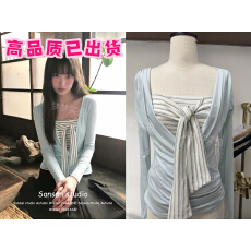 批发韩系条纹抹胸罩衫两件套装女早春季穿搭松弛感长袖显瘦慵懒风上衣