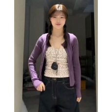 批发纯欲辣妹紫色短款针织<b class='q'>开衫</b><b class='q'>女</b>春秋内搭温柔风碎花吊带背心两件套潮