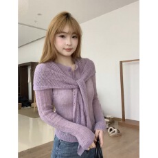 批发紫色巨好看的薄款微透长袖针织衫女装春季新款镂空披肩上衣两件套