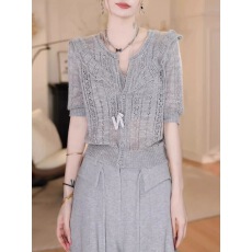 批发设计感小众圆领荷叶边短袖针织衫女夏季新款修身别致镂空<b class='q'>开衫</b>上衣