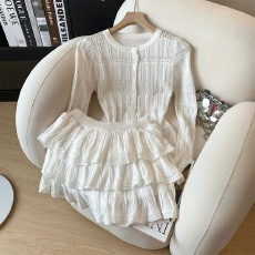 批发Jade Closet直营店推荐~美德拉甜辣风镂空针织短裙长袖<b class='q'>开衫</b>两件套