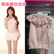 批发甜梨呆呆 软织甜梦 春软糯一字肩两穿<b class='q'>荷叶边</b>缎面绑带羊毛针织上衣