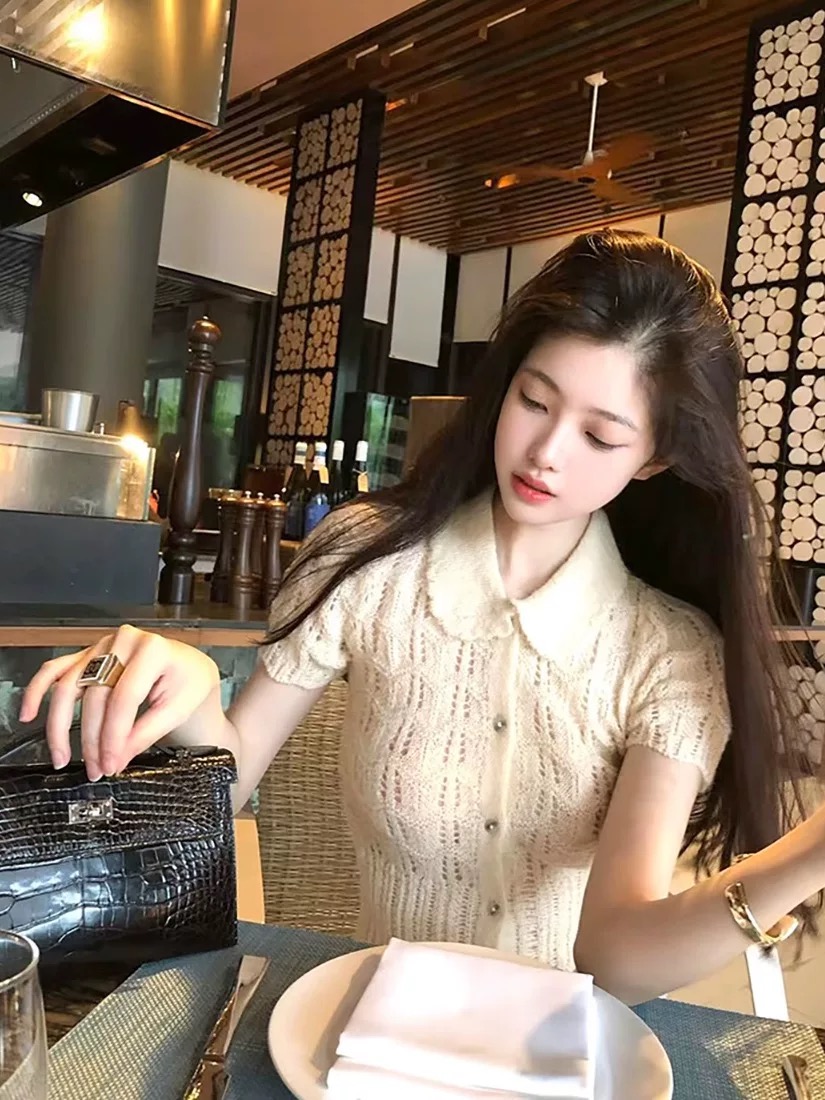 thehandle official 프랑스 휴일 홀로우 아웃 乖離 니트 오픈 가디건 여성용 짧은 소매