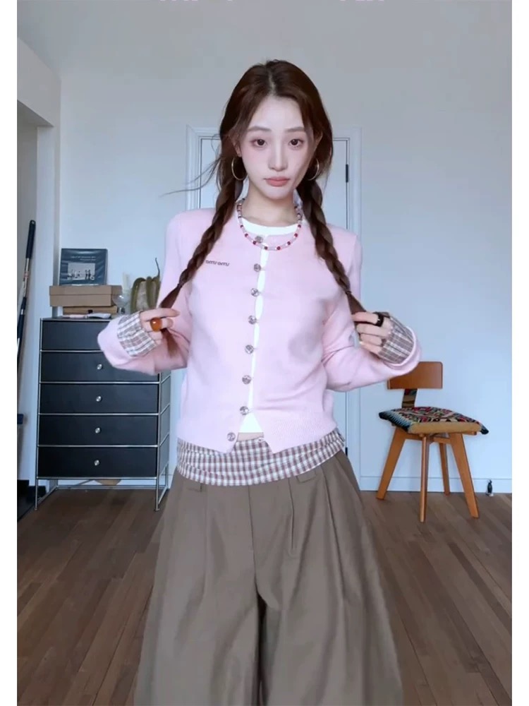 marie.coco 핑크색 소녀 센스 전체 착용 가져 가라. 니트 스웨터 오픈 가디건 레트로 루즈핏 느긋한 바지 캐주얼 세트