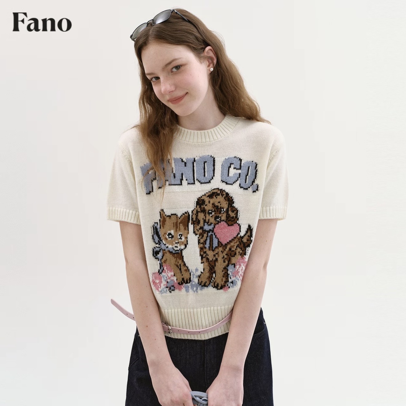 레트로 멩 애완 동물 만남 부드러운 찹쌀 수공 센스 만화 자카드 작은 원 칼라 니트 반팔 fx26s067 프로모션