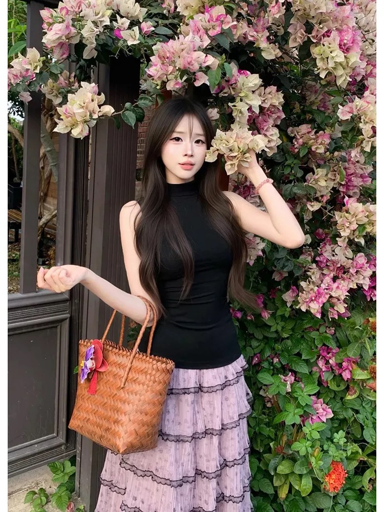 보라색 안개 케이크 몸매 가꾸기 맨위 프랑스식 달콤한 스타일 하이웨이스트 다중 레이어 패치워크 퍼프 케이크 반신 치마 세트