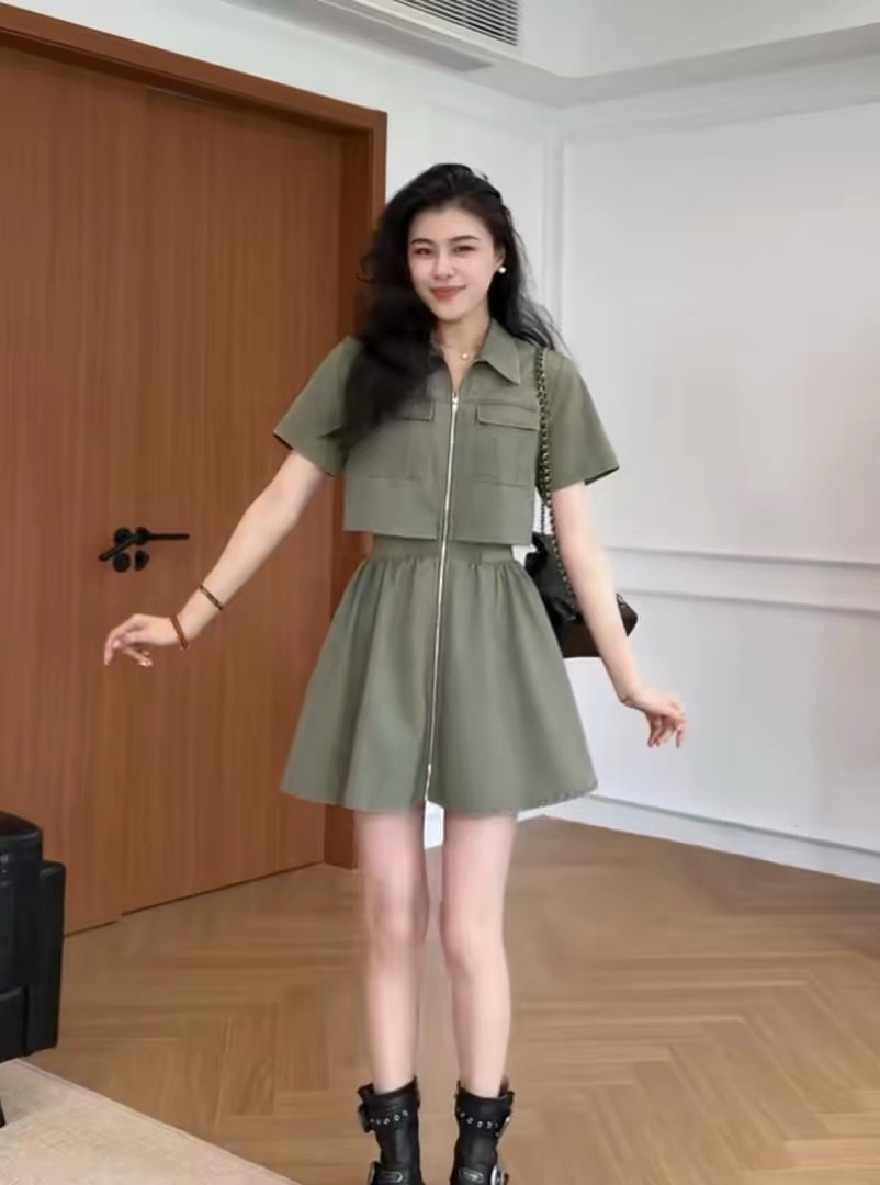 장 A 스타 여가 여름 시간 워크웨어 바람 드레스 허리 수축 슬림해 보이는 품격 지퍼 표지 고기 셔츠 드레스